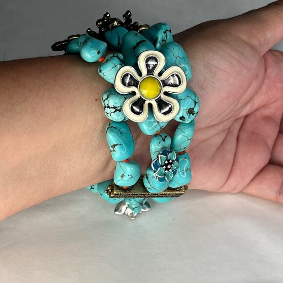 Lucky brand Turquoise Stone Chunky Bracelet With Bee & Flower Accents boho - Picture 7 of 8